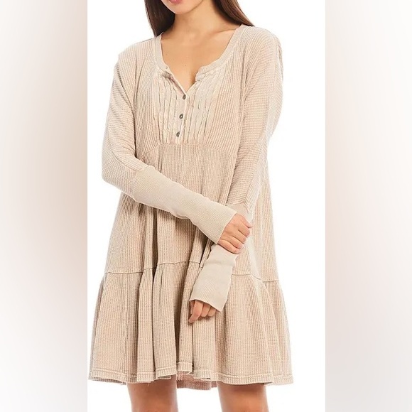 Free People Dresses & Skirts - FREE PEOPLE JOLENE Thermal Waffle Knit Button Up Henley Babydoll Dress Sz S
